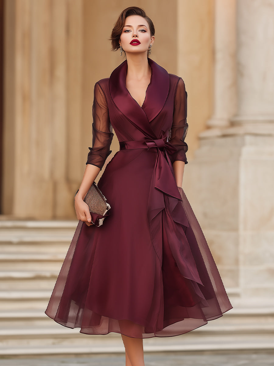 Elegant Wrap Midi Dress With Sheer Sleeves