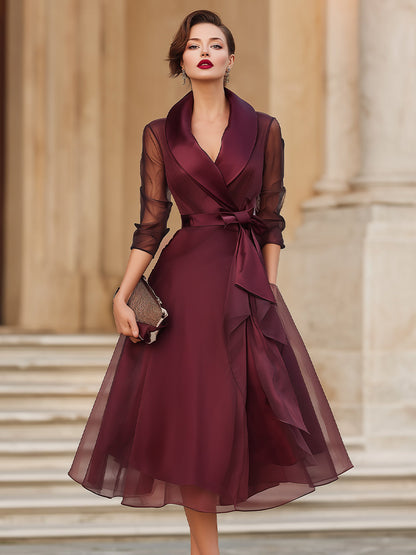 Enchanted Romance Sheer-Sleeve Wrap Midi Wedding Guest Dress