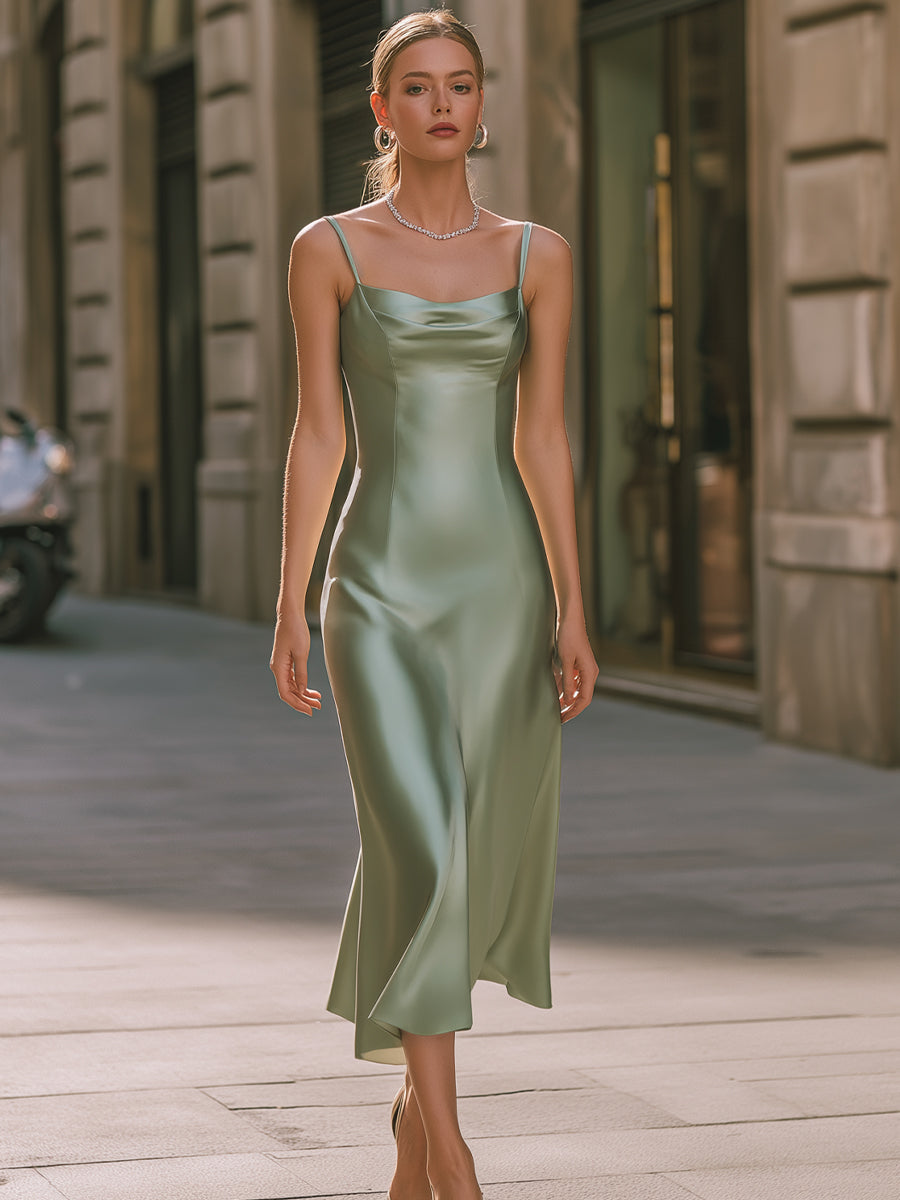 Elegant Satin Slip Midi Dress With Soft Cowl Neckline