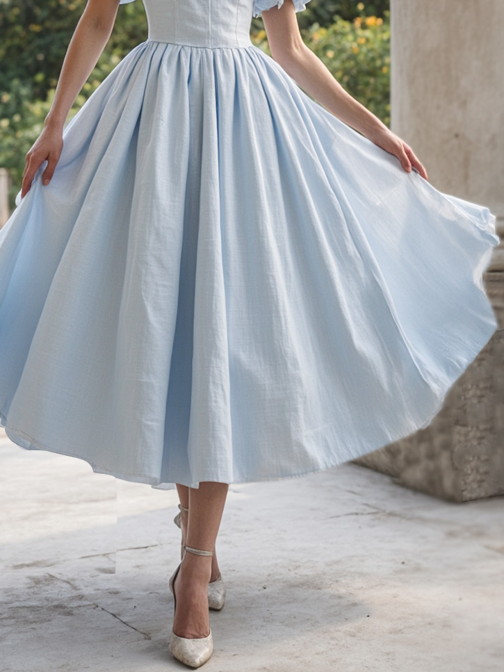 Linen Midi Dress, Balloon Sleeve, Lace Collar, Plain, Vintage, Blue