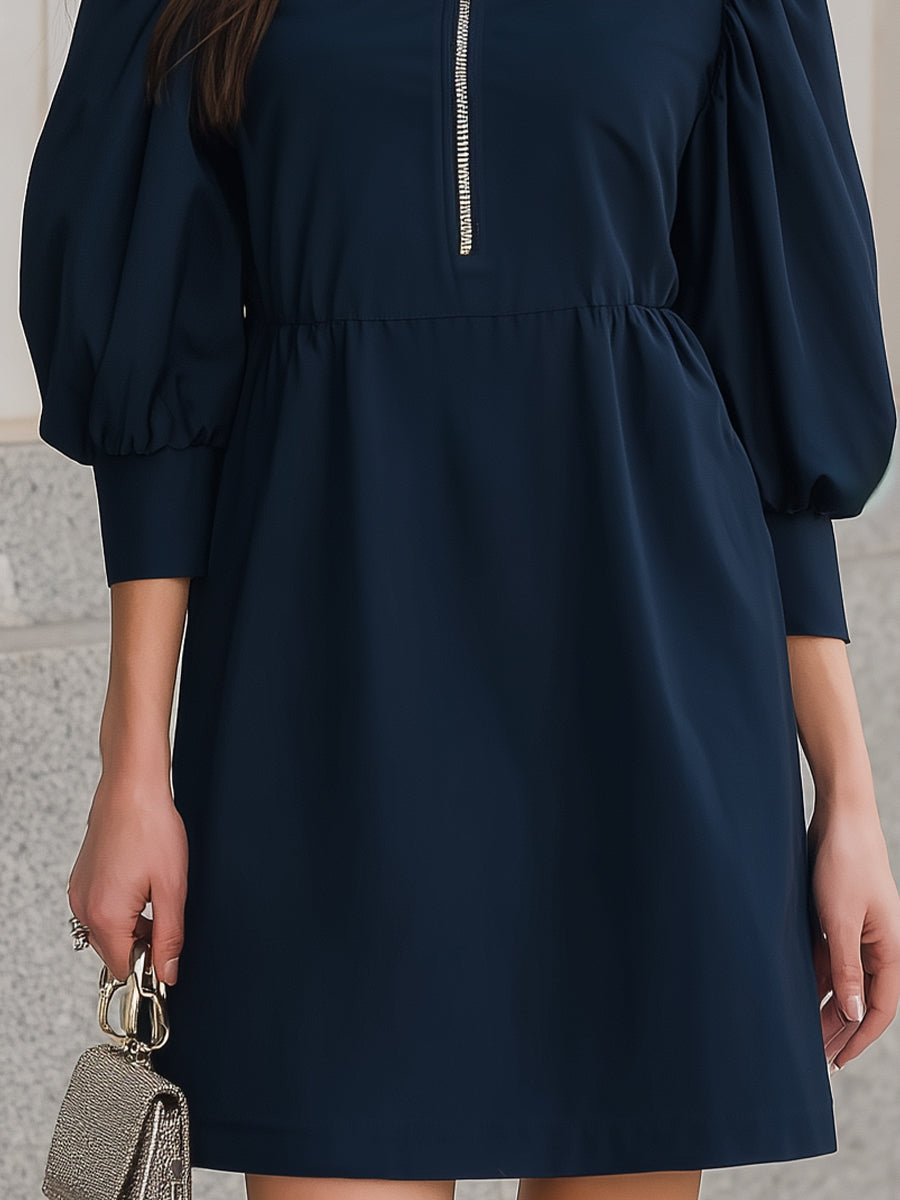 Navy Collared Half-Zip Puff-Sleeve Mini Dress