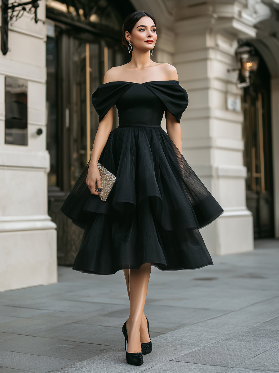 Off-Shoulder Layered Tulle Midi Dress