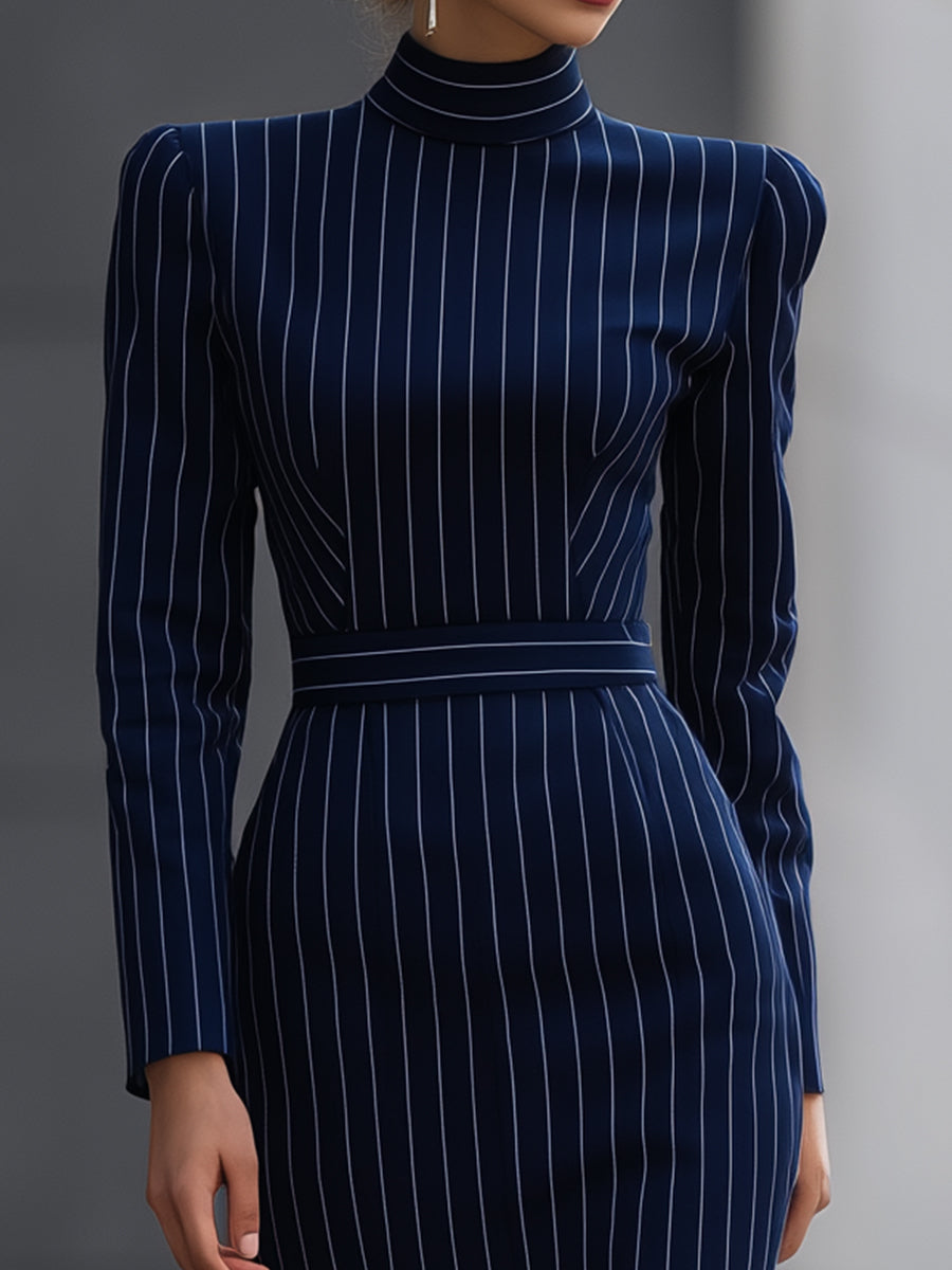 Navy Pinstripe High-Neck Midi Dress