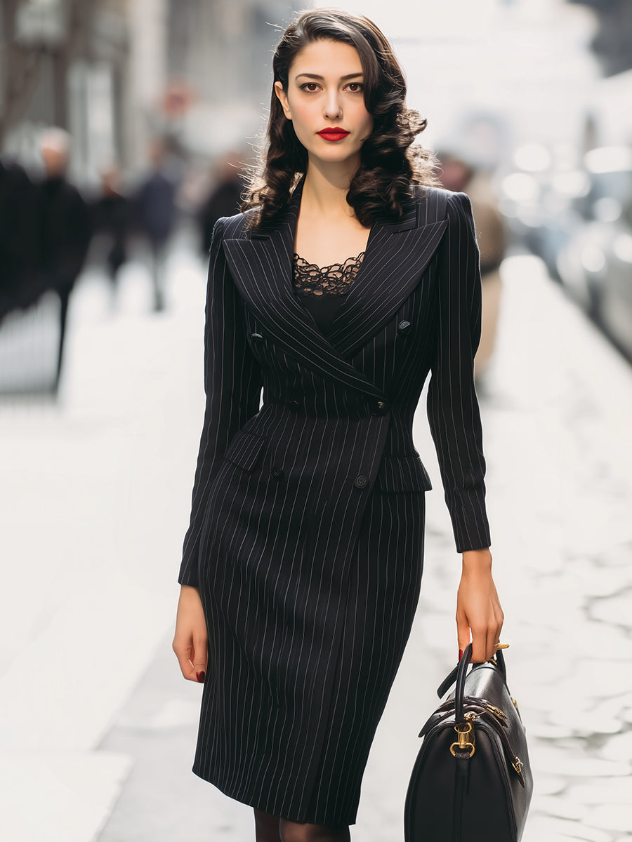 Executive Elegance Pinstripe Midi Blazer Dress