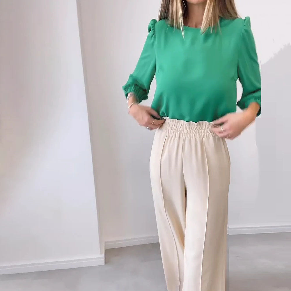 Loose round Neck 3/4 Sleeves High Elastic Wide Leg Pants Suit