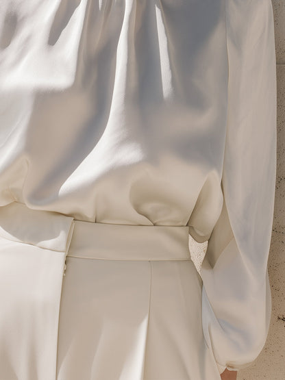 Elegant High-Neck Satin Blouse with Lace Trim