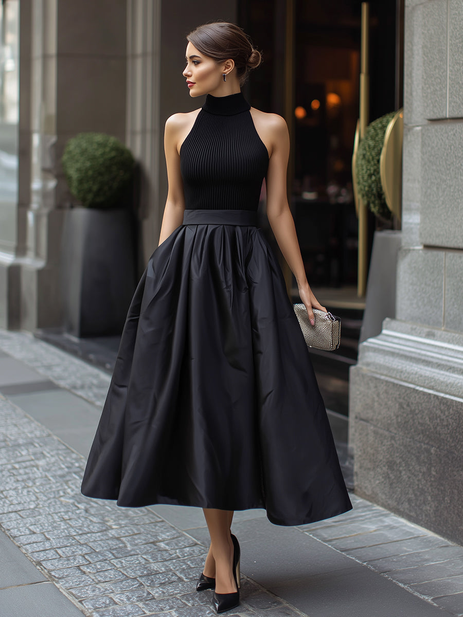 Sleeveless High Neck Ribbed Bodice Flared Midi Dress
