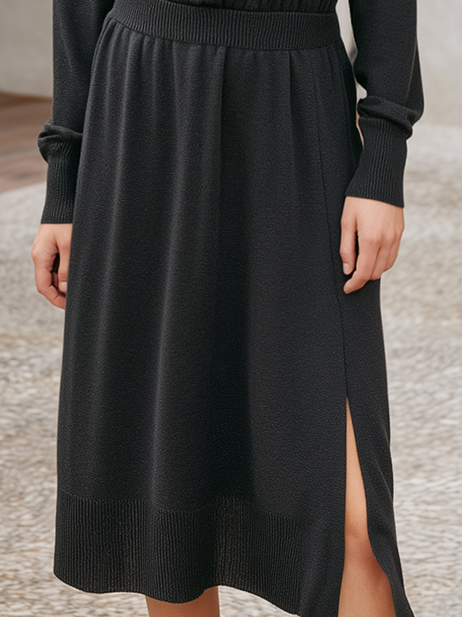 Dark Charcoal Knit V-Neck Long Sleeve Midi Dress With Side Slit