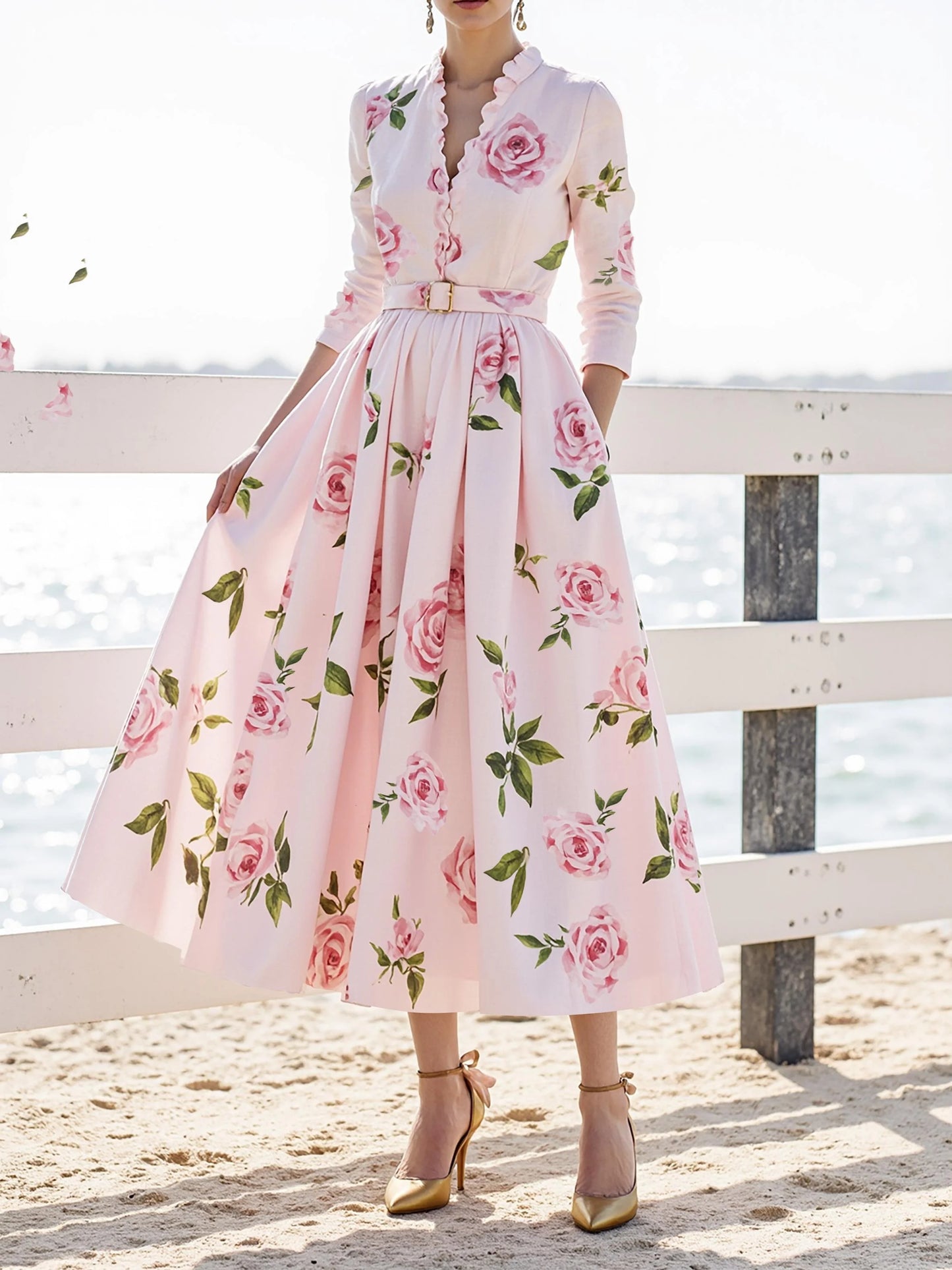 Midi Linen Dress , Long Sleeves, V Neck, Floral, Belt Design, Vacation, Vintage, Light Pink