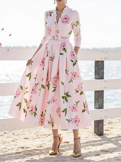 Midi Linen Dress , Long Sleeves, V Neck, Floral, Belt Design, Vacation, Vintage, Light Pink