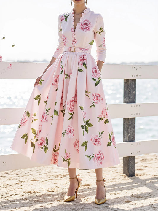 Midi Linen Dress , Long Sleeves, V Neck, Floral, Belt Design, Vacation, Vintage, Light Pink