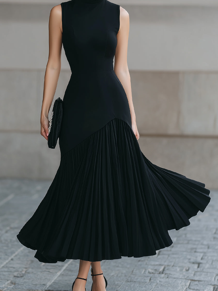 Black Pleated Midi Dress With Mock Neck