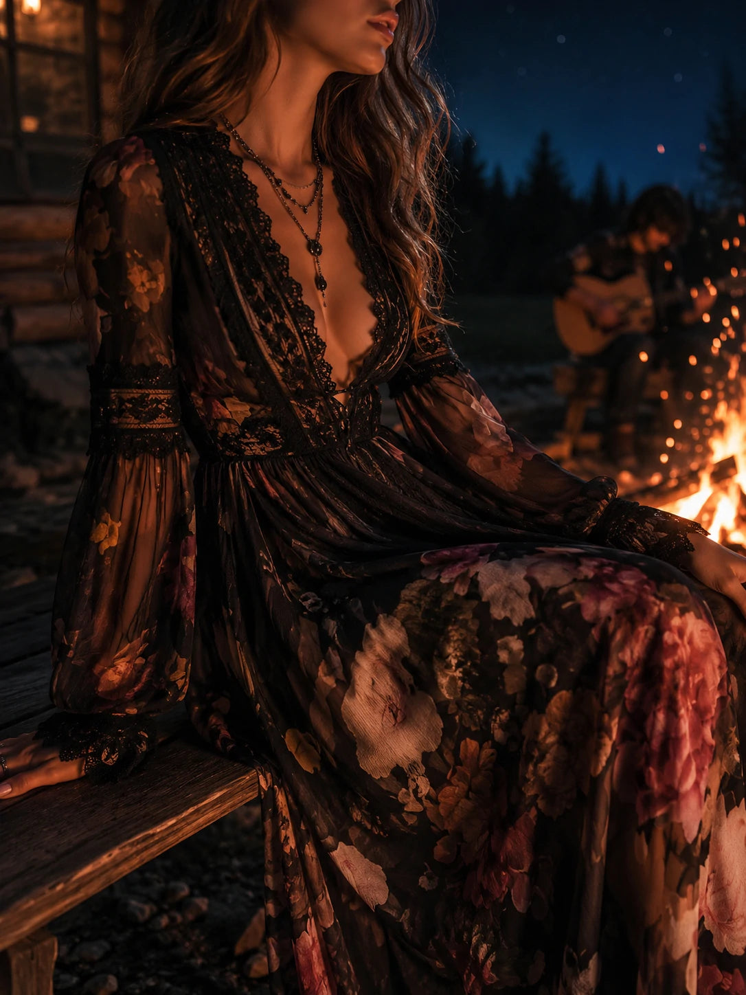 Bohemian Holiday Chiffon Printed Lace Maxi Dress