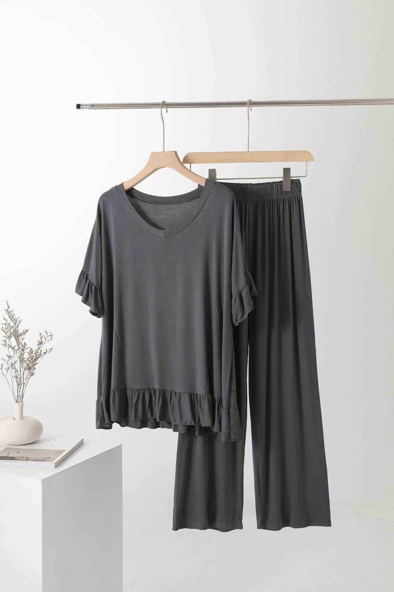 Modal Thin V Wide-Leg Pants Two-Piece Pajamas Indoor Clothes