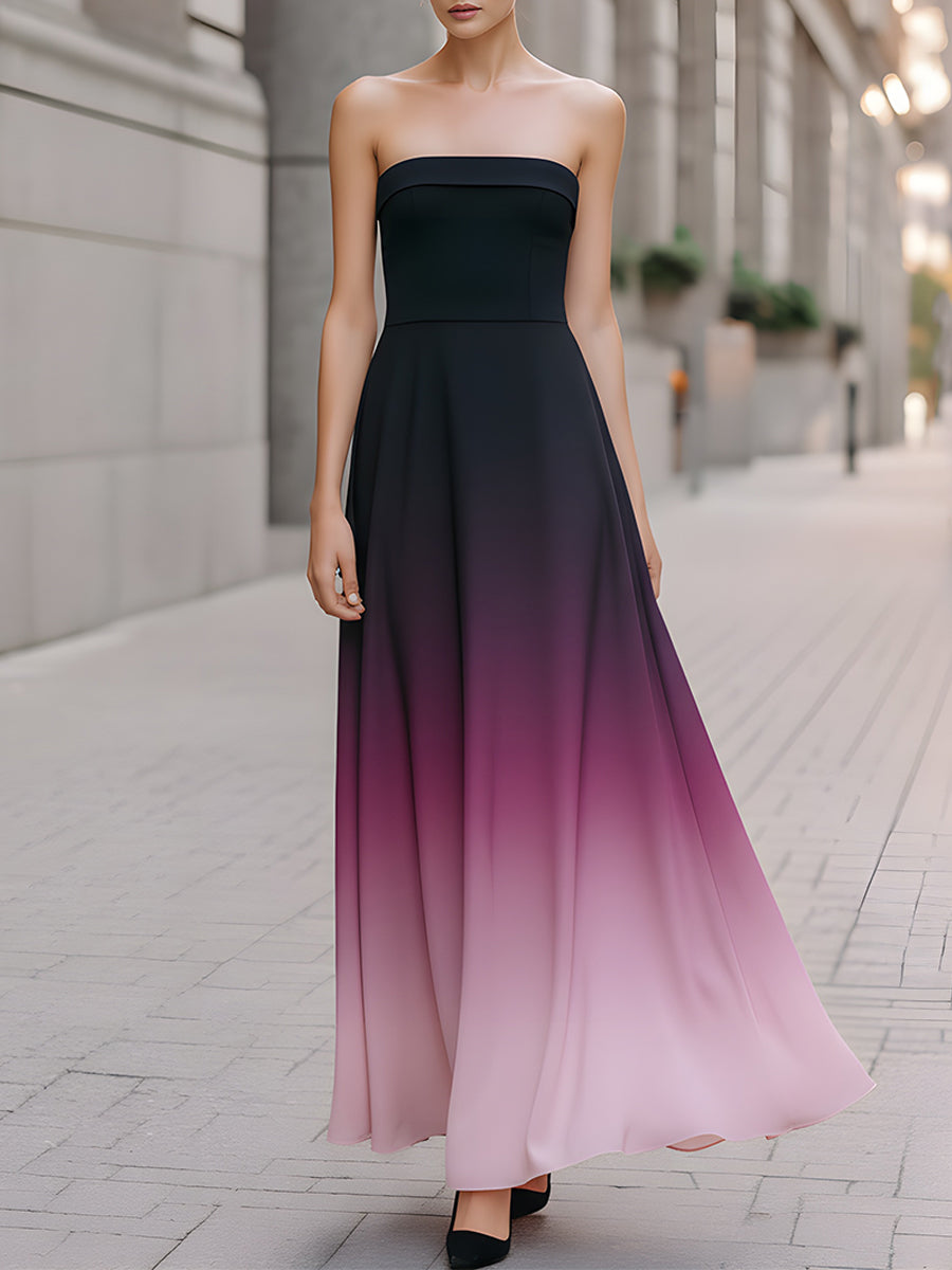 Black To Pink Ombre Strapless Maxi Gown
