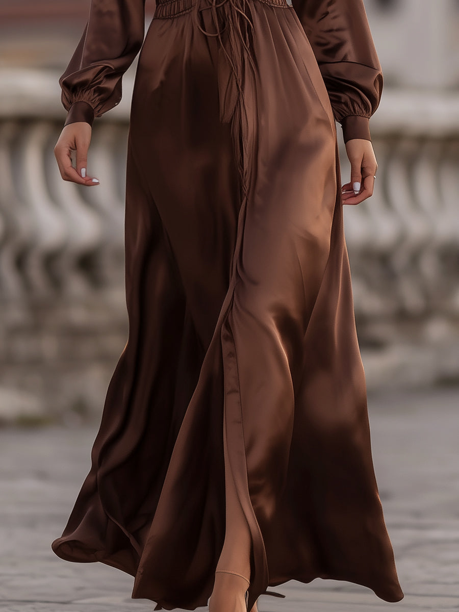 KSXTXX Satin Cinched Waist Maxi Dress In Mocha Brown