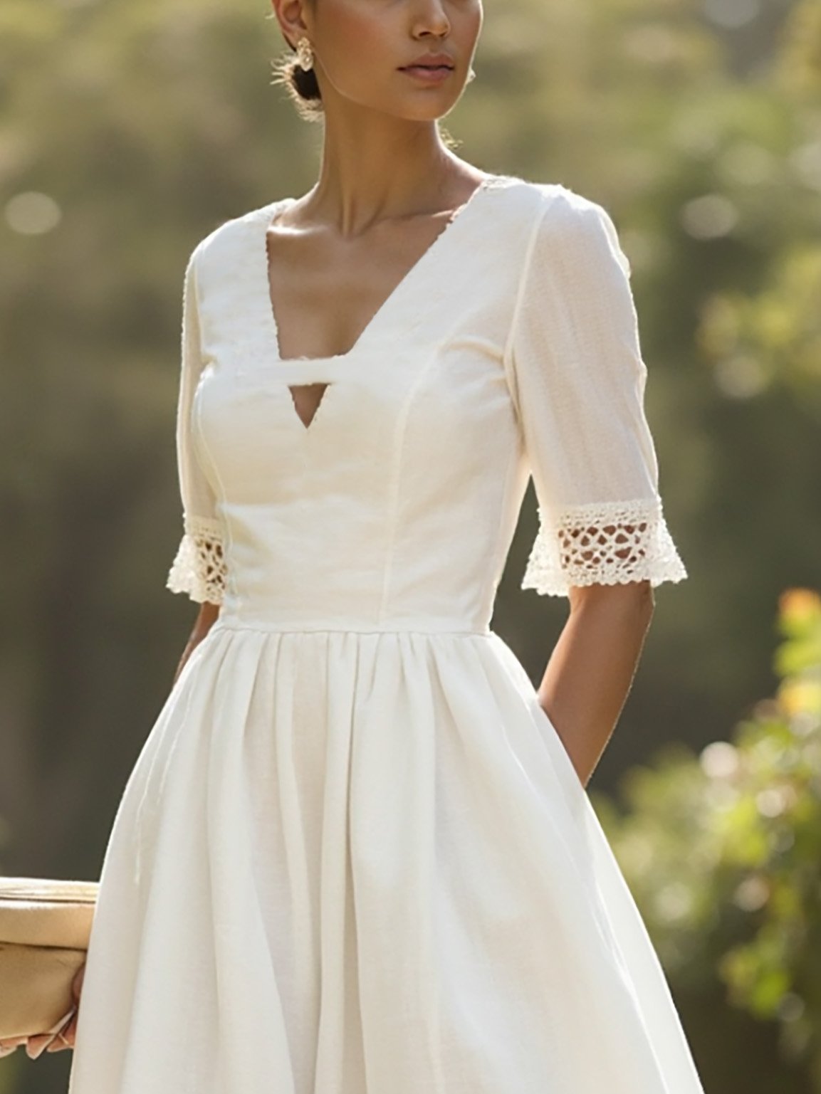 Midi Linen Dress , Half Sleeve, V Neck, Plain, Lace, French Vintage, White