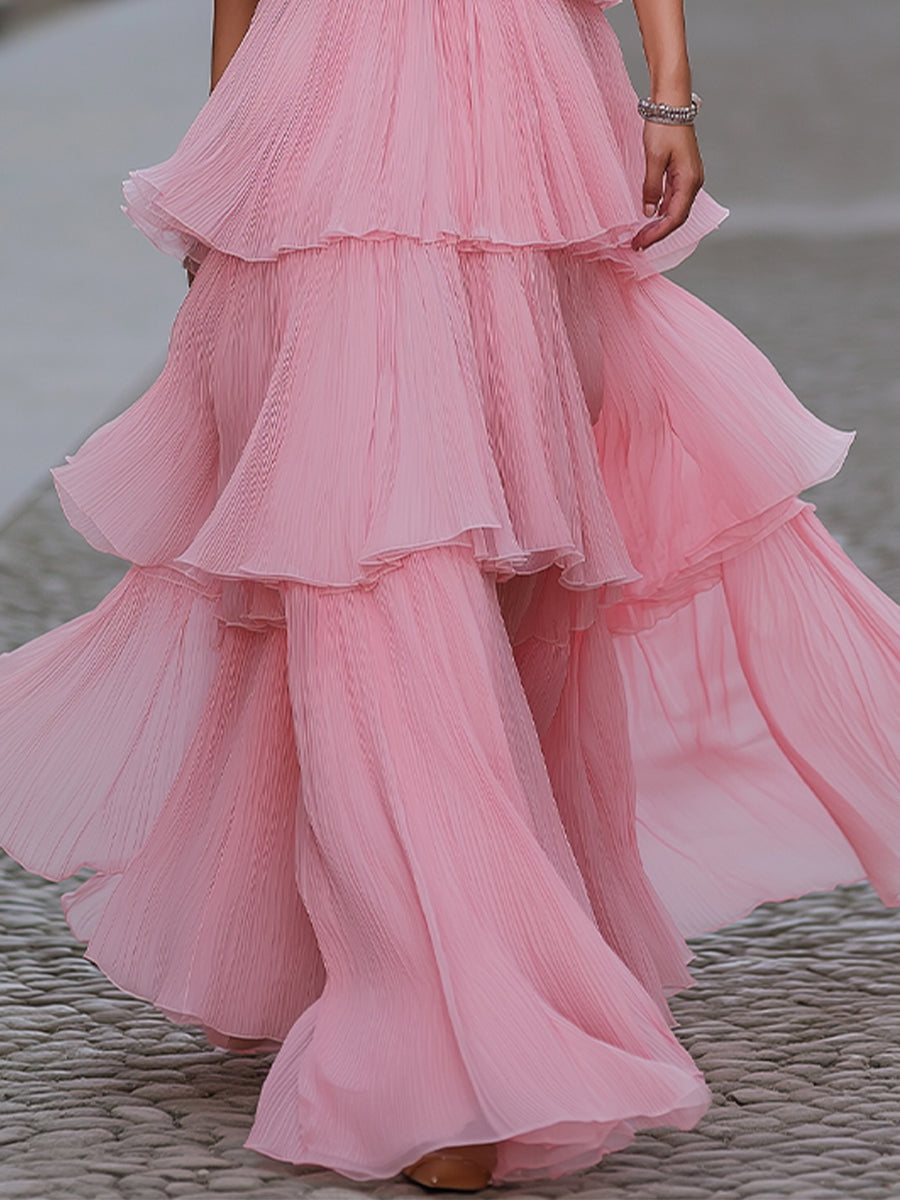 Elegant Pink Pleated Tiered Ruffle Maxi Gown