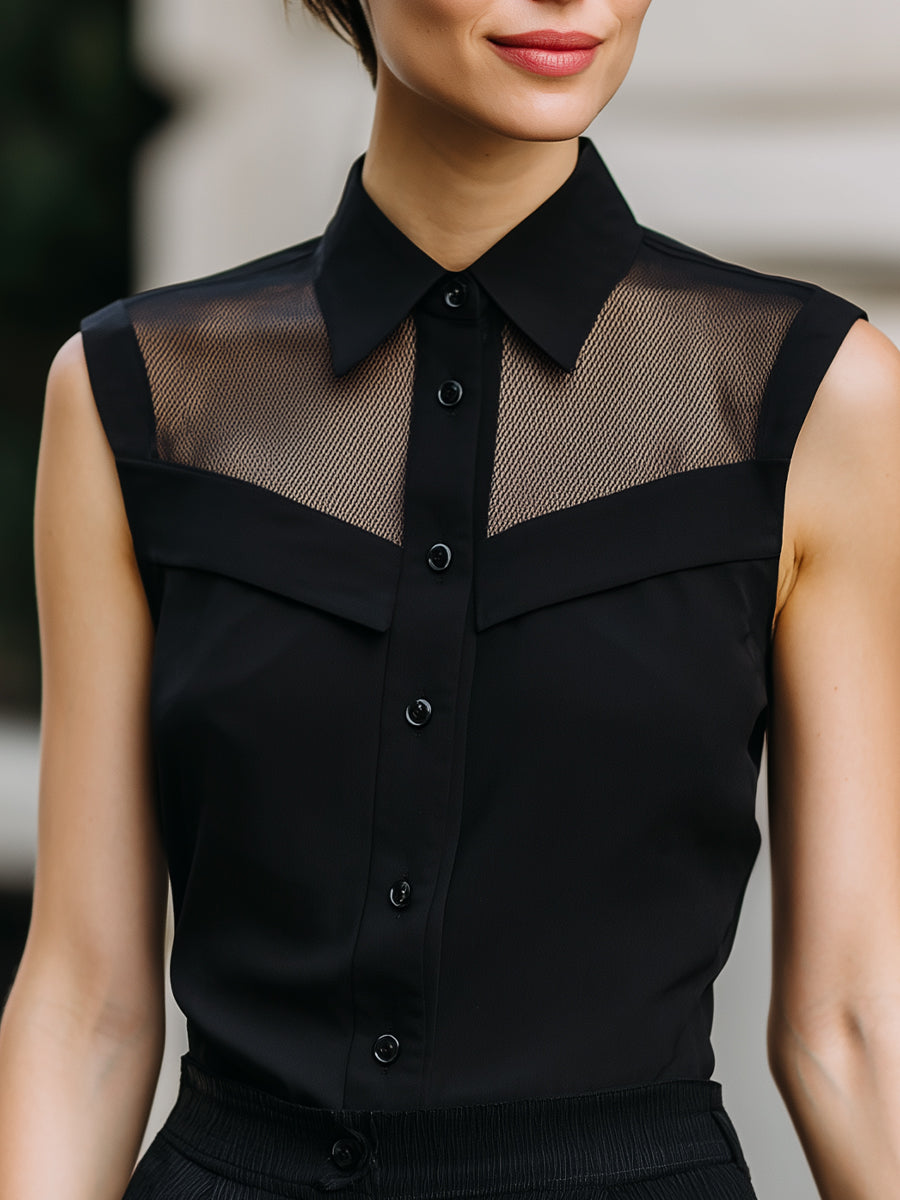 Sleeveless Mesh Panel Button-Up Blouse