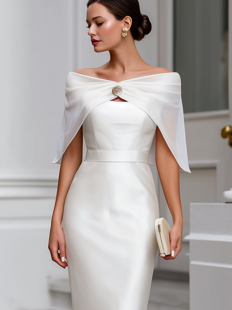 Off-Shoulder Draped Cape Satin Midi Dress