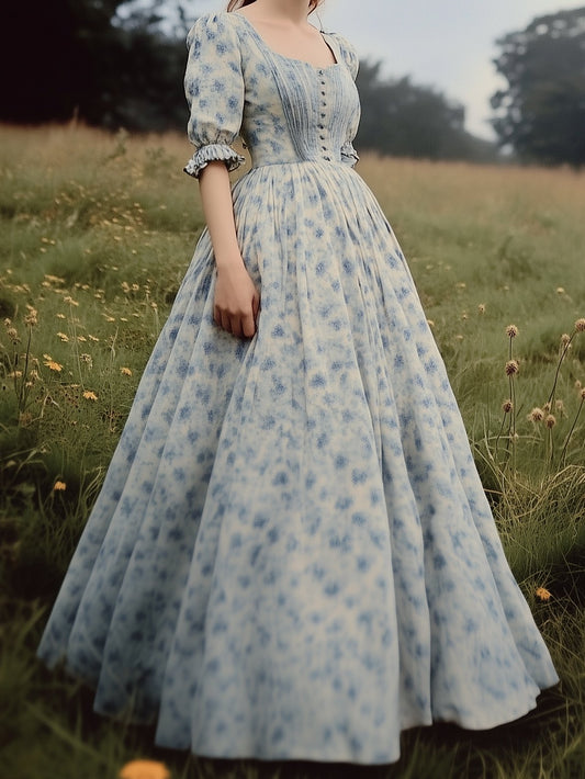 Maxi Linen Dress, Half Sleeve, Square Neck, Cottagecore Dress, Linen Blend, Blue