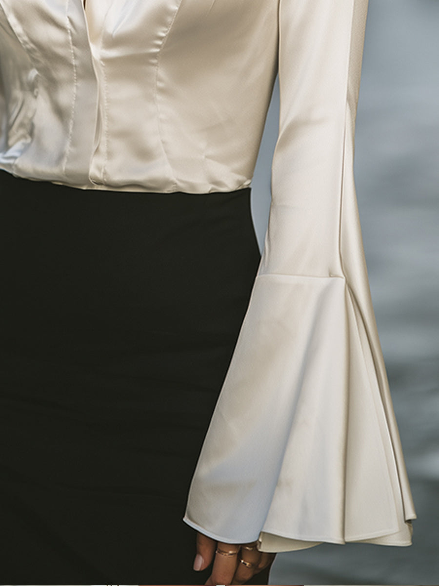 Vintage-Inspired Bell-Sleeve Satin Blouse
