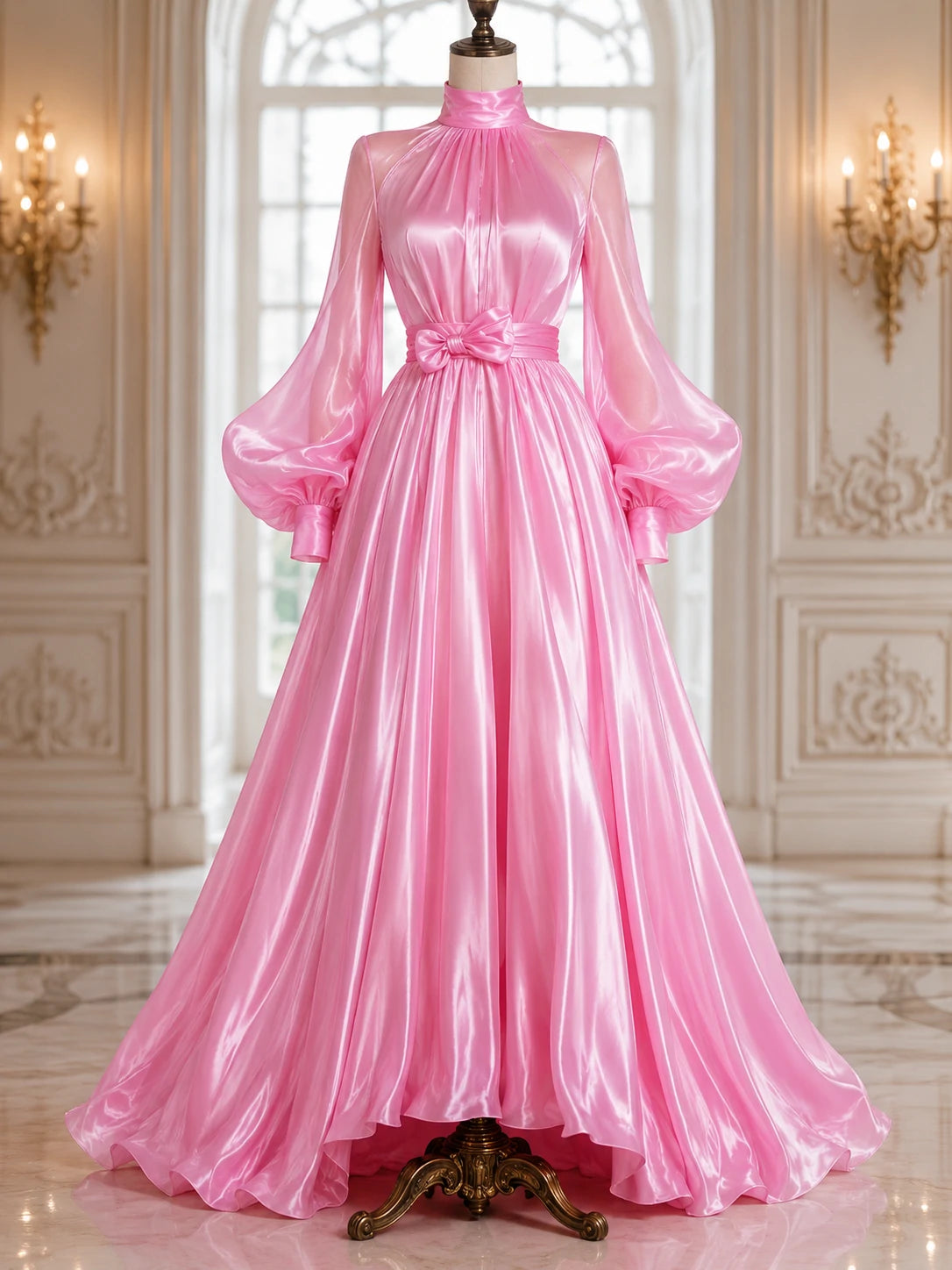 Pink Satin Maxi Dress with Bishop Sleeves – Resort & Vacation Evening Dress