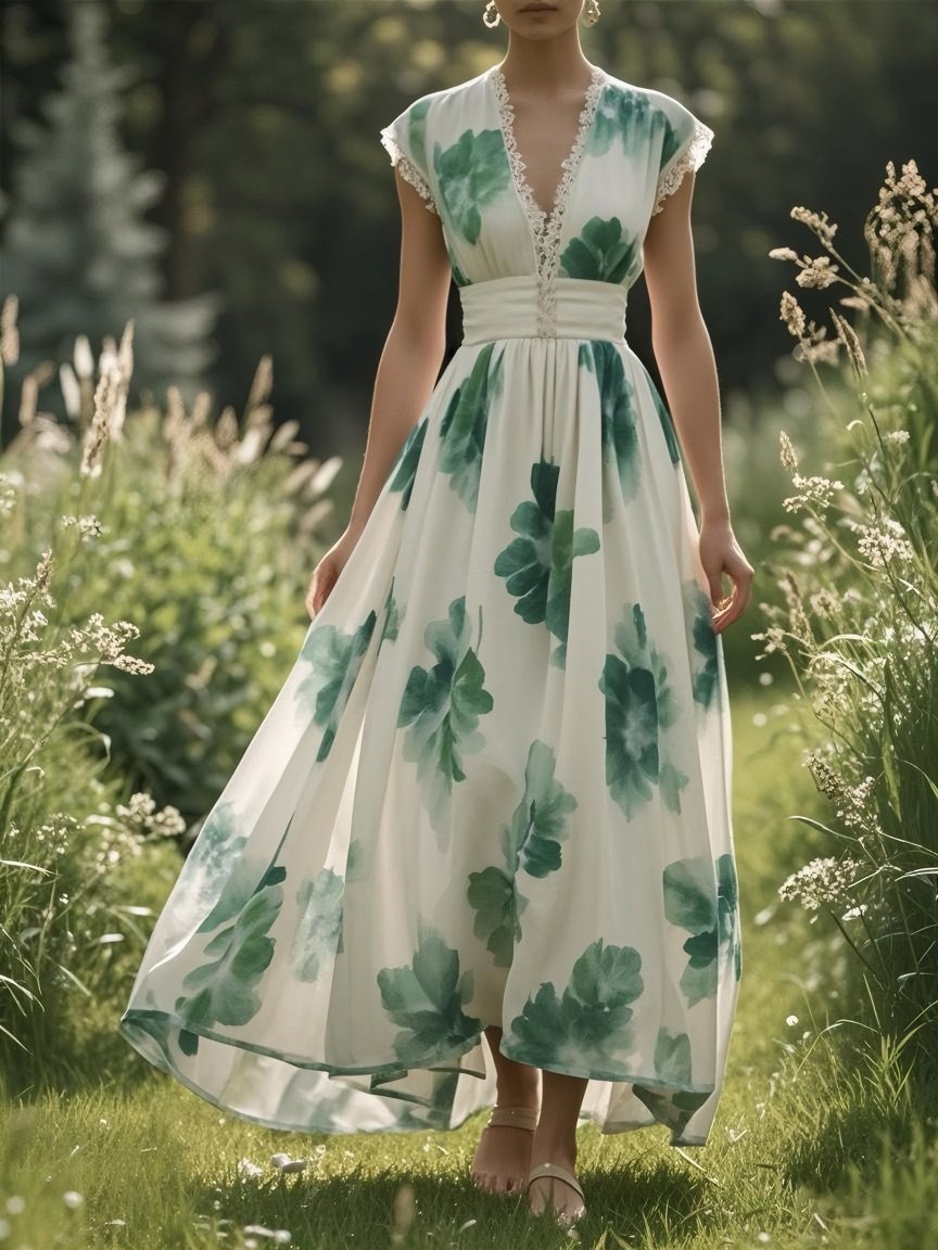 (SIZE:XS-XXL)Linen Maxi Dress, Sleeveless, V neck, Floral, Vintage, Green