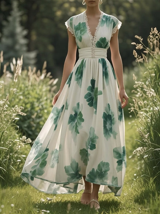 (SIZE:XS-XXL)Linen Maxi Dress, Sleeveless, V neck, Floral, Vintage, Green