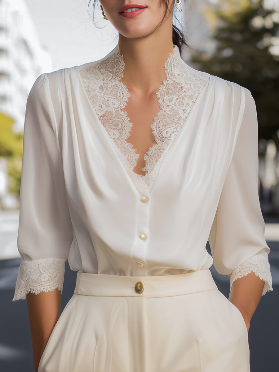 Lace-Trimmed V-Neck Chiffon Button-Up Blouse
