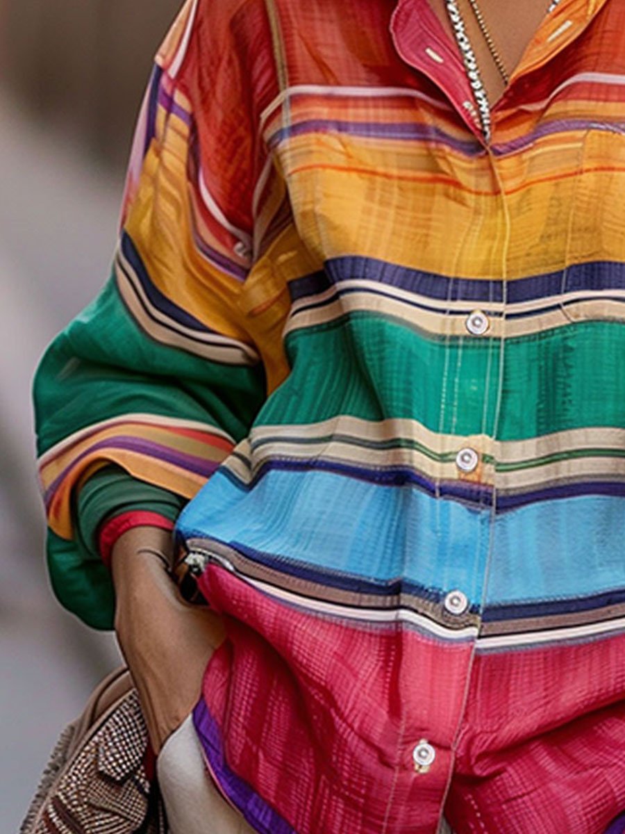 Chic Shirt Collar Rainbow Stripes Linen Blouse