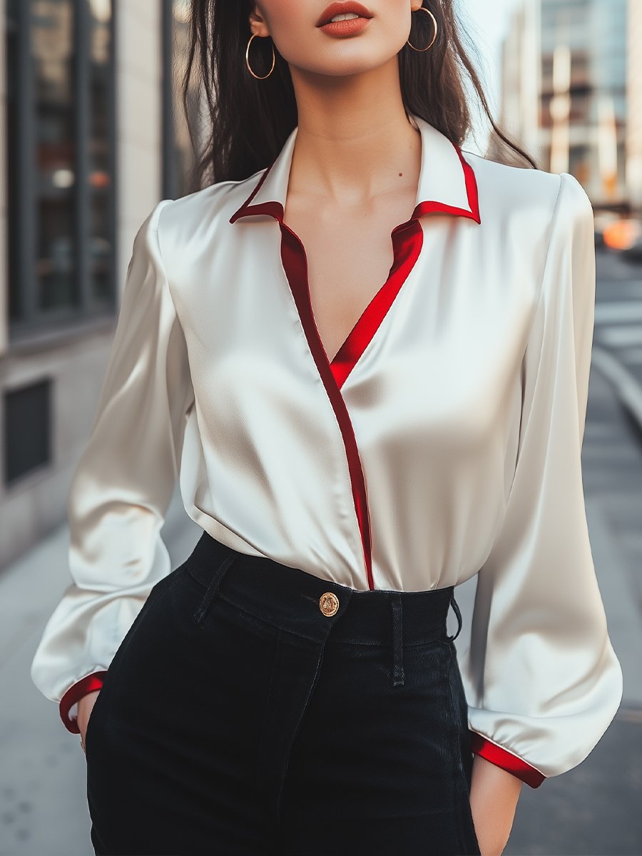 Contrast Collar Satin Blouse