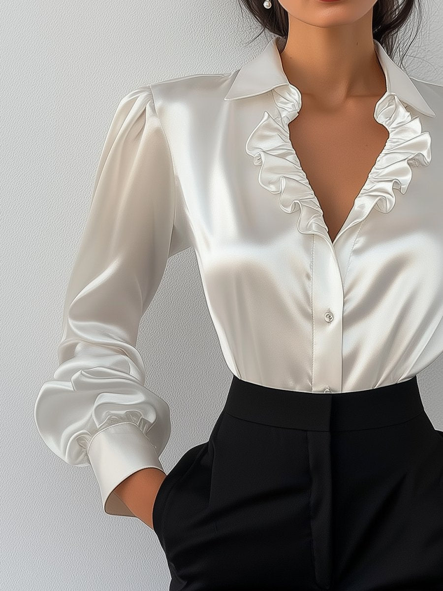 Elegant White Satin Blouse with Ruffled V-Neckline