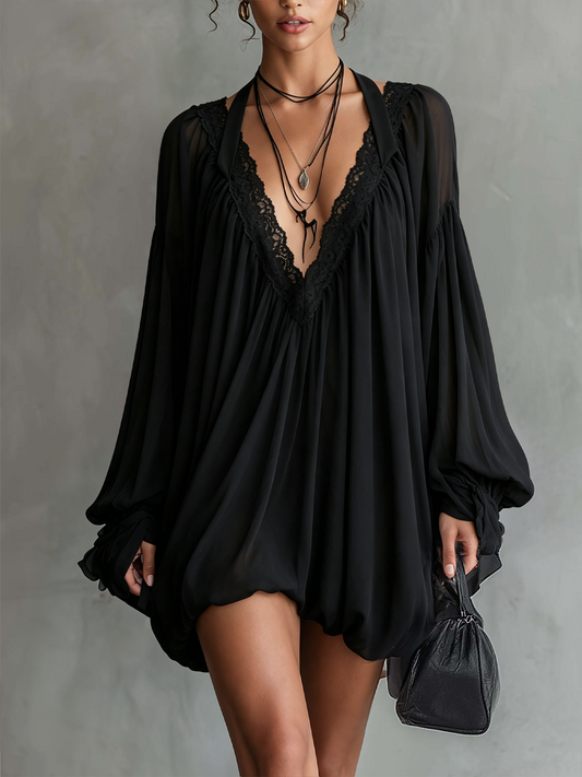 Black Chiffon Halter Mini Dress With Lace Neckline